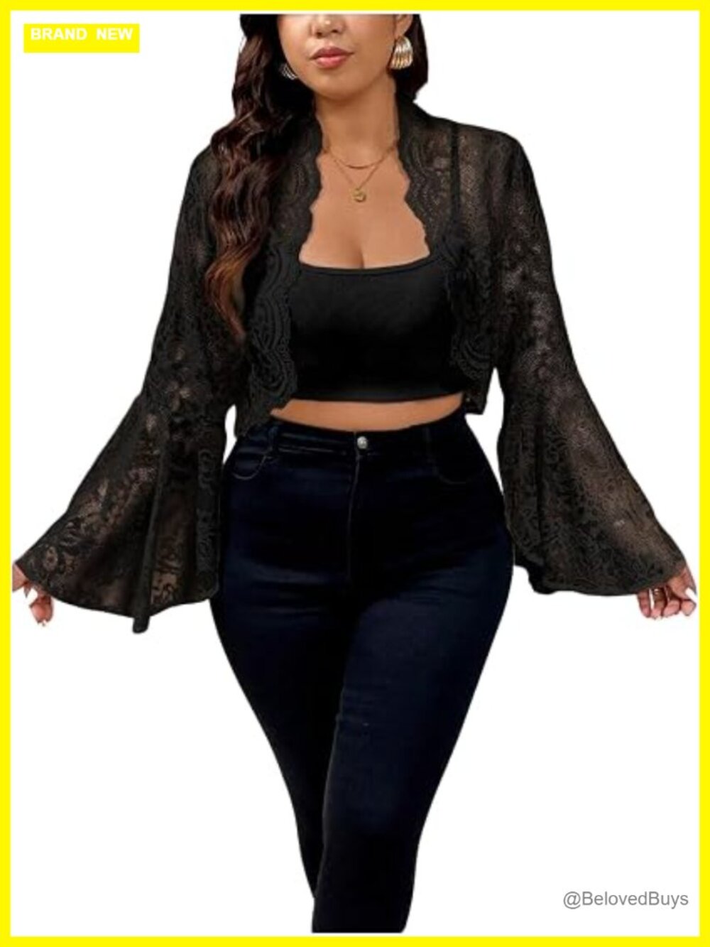 Plus Size Lace Open Front Cropped Jacket Mesh Long Bell Sleeve Lightweight